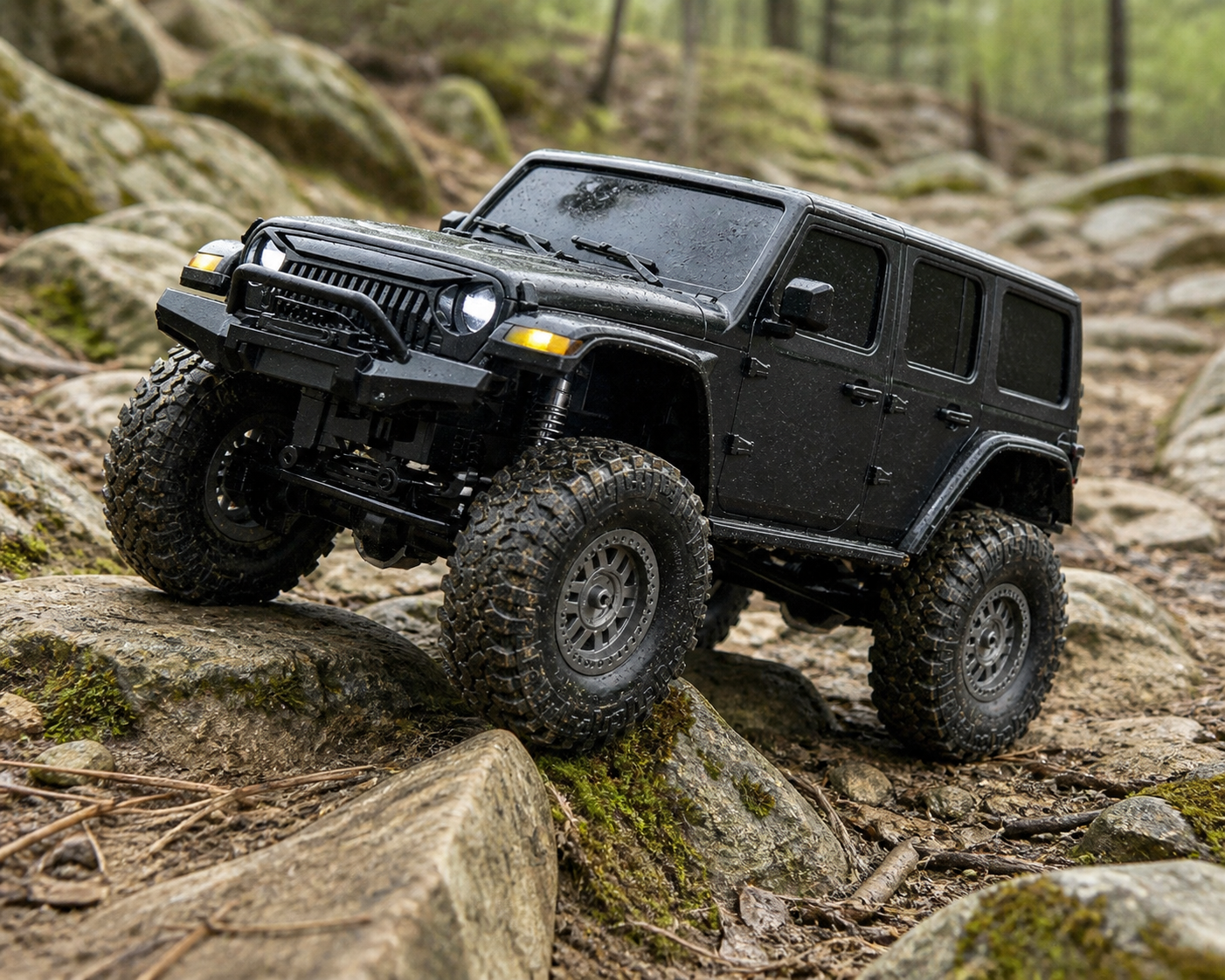 RC trail crawler climbing rocks